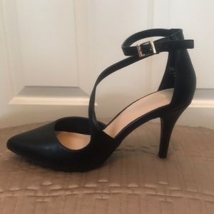 Black stiletto ankle strap shoes